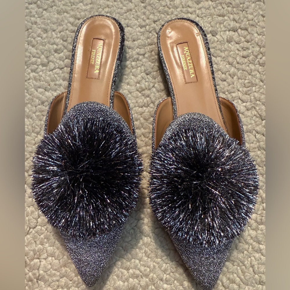 Aquazzura Glittery Silver Pom Pom Mules